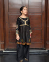 Girls Handmade Summer Kurta Set – Black with Golden & Multicolor Detailing