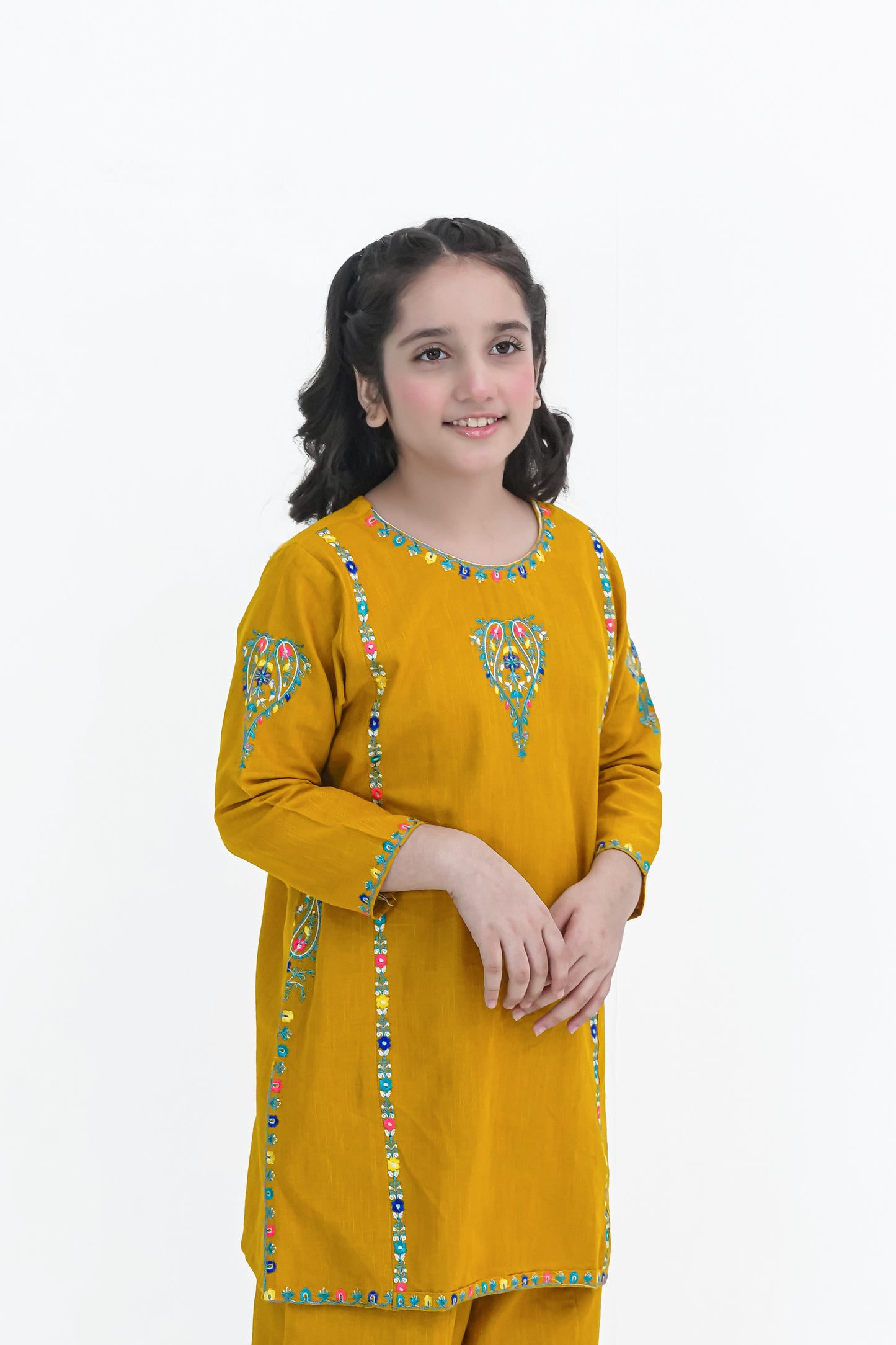 Girls Mustard Yellow Embroidered Winter Kurta Trouser Set