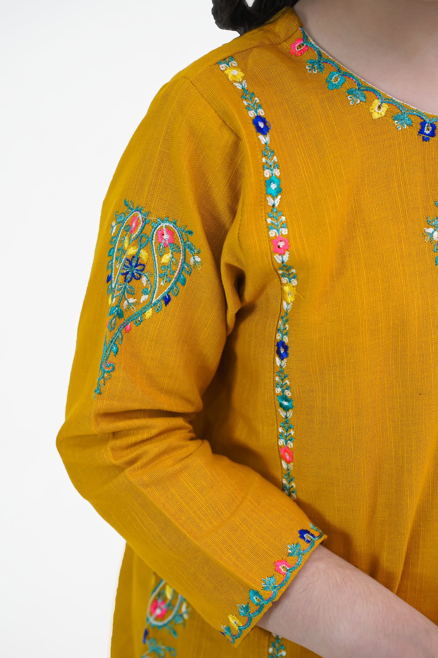 Girls Mustard Yellow Embroidered Winter Kurta Trouser Set