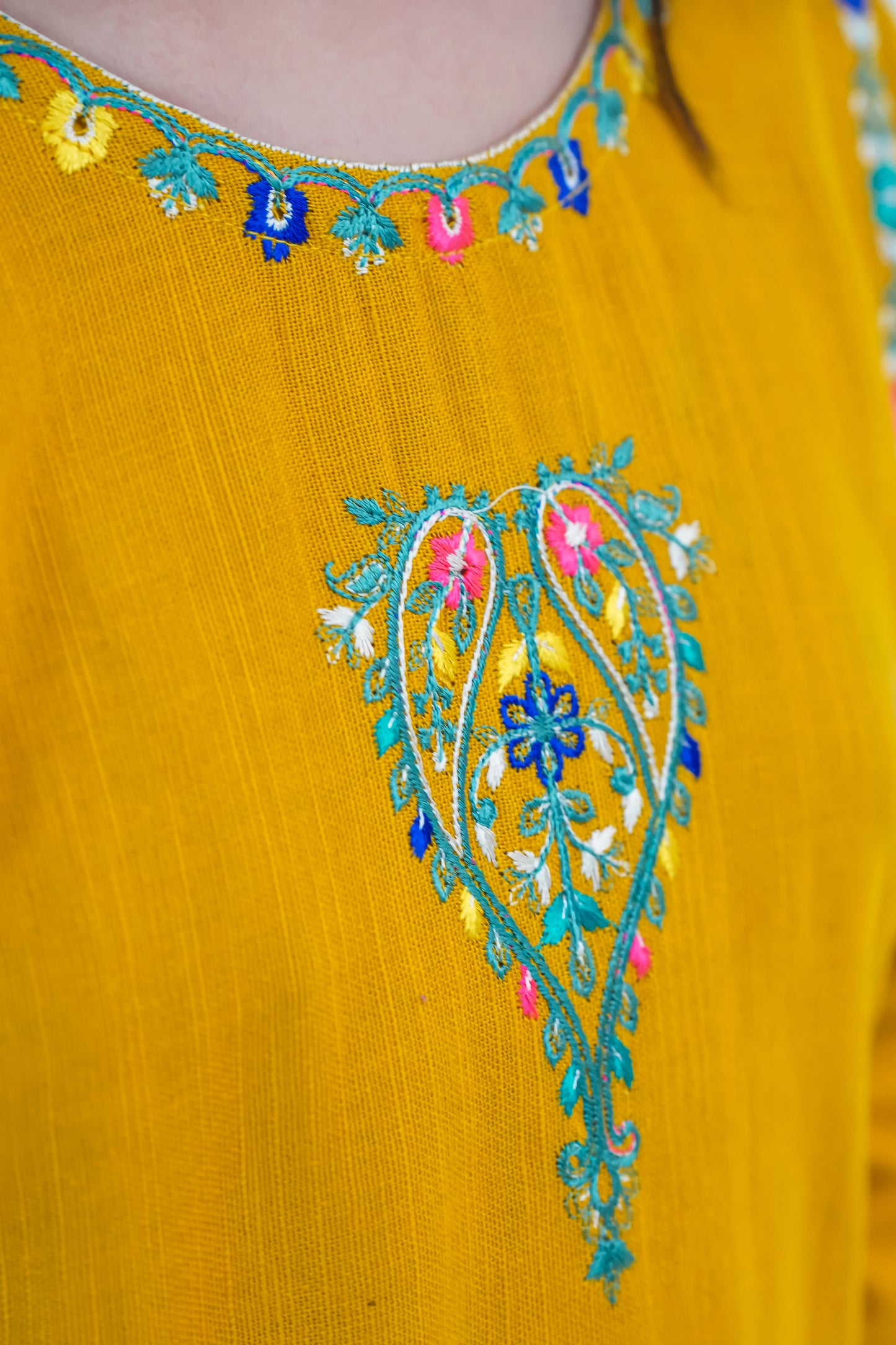 Girls Mustard Yellow Embroidered Winter Kurta Trouser Set