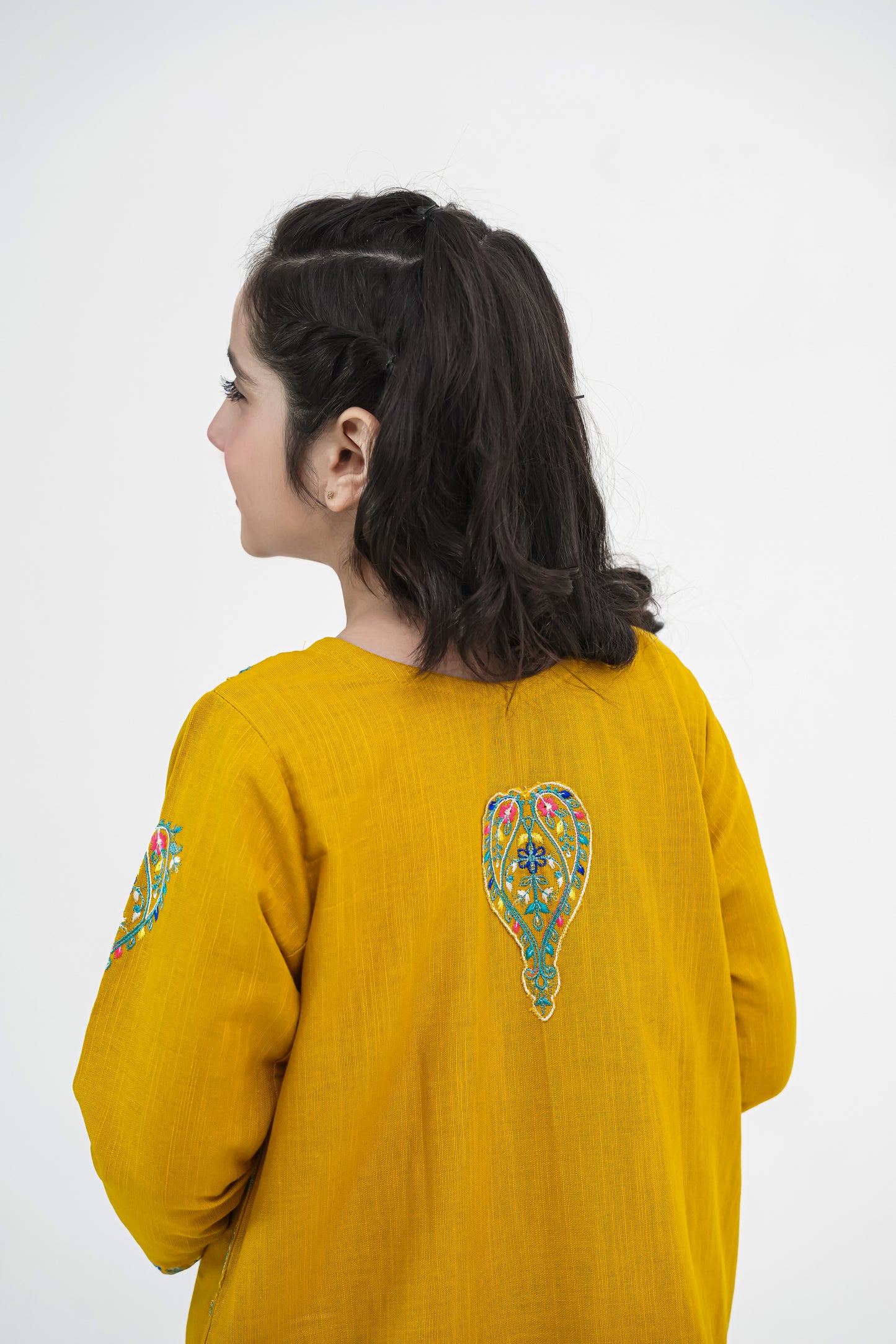 Girls Mustard Yellow Embroidered Winter Kurta Trouser Set