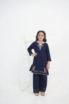 Girls Navy Blue Embroidered Winter Kurta Trouser Set