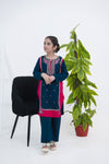 Girls Embroidered Winter Kurta Set – Navy Blue with Pink Contrast