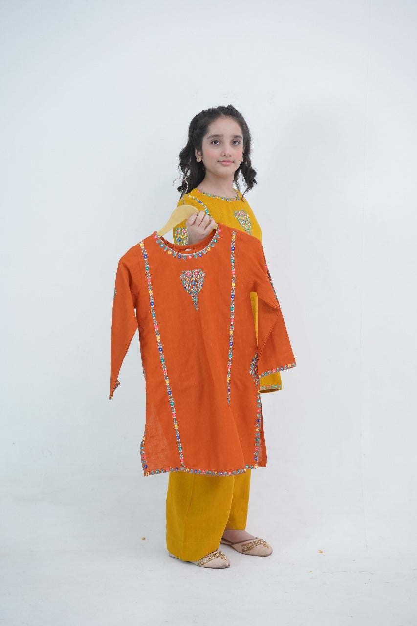 Girls Mustard Yellow Embroidered Winter Kurta Trouser Set