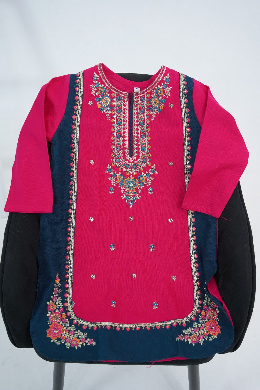 Girls Embroidered Winter Kurta Set – Navy Blue with Pink Contrast