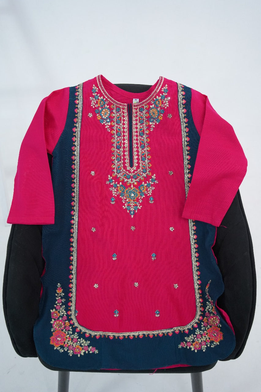 Girls Embroidered Winter Kurta Set – Navy Blue with Pink Contrast