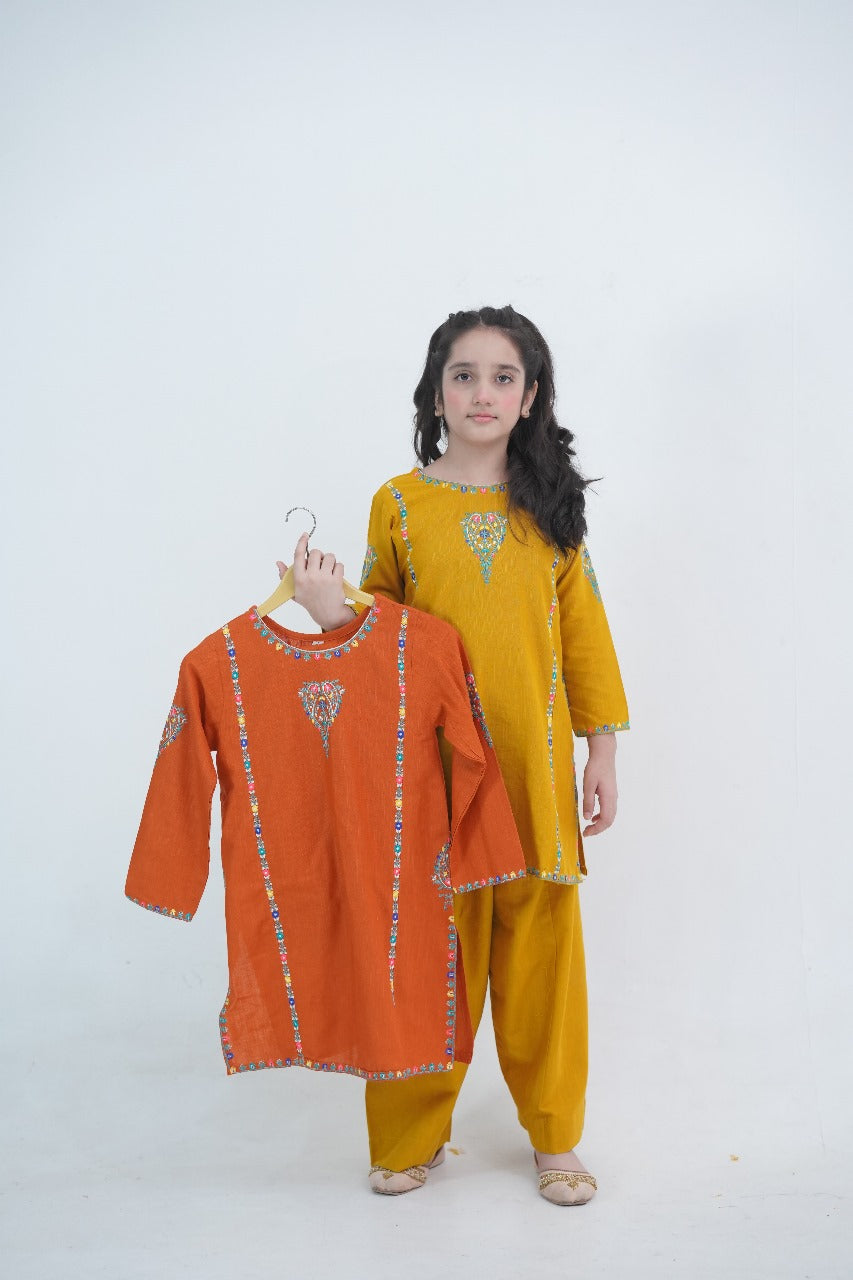 Girls Mustard Yellow Embroidered Winter Kurta Trouser Set