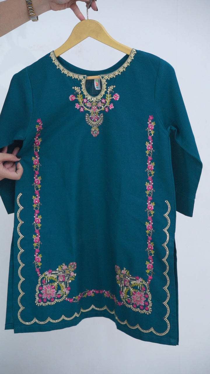 Girls Navy Blue Embroidered Winter Kurta Trouser Set