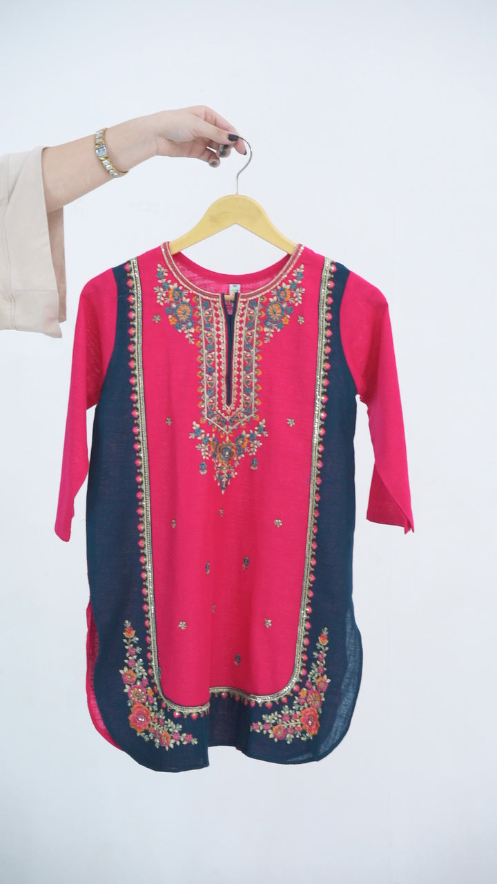Girls Embroidered Winter Kurta Set – Navy Blue with Pink Contrast