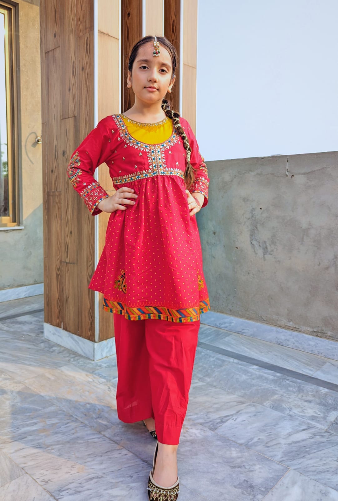 Girls Traditional Summer Frock Suit – Red with Yellow Contrast