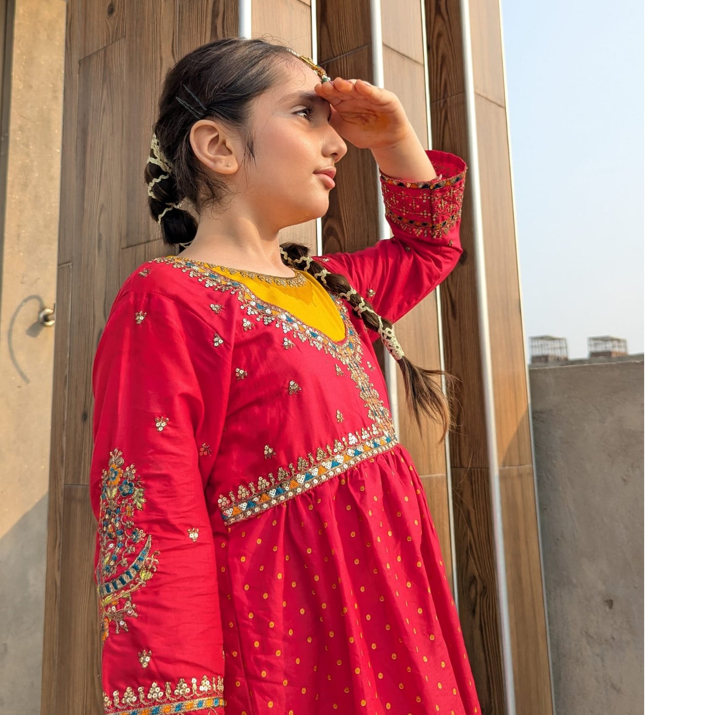 Girls Traditional Summer Frock Suit – Red with Yellow Contrast