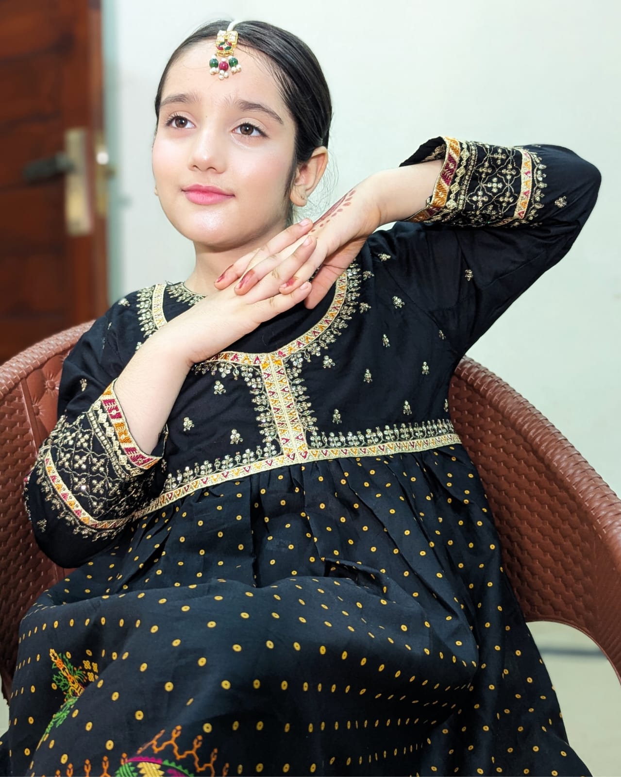 Girls Handmade Summer Kurta Set – Black with Golden & Multicolor Detailing