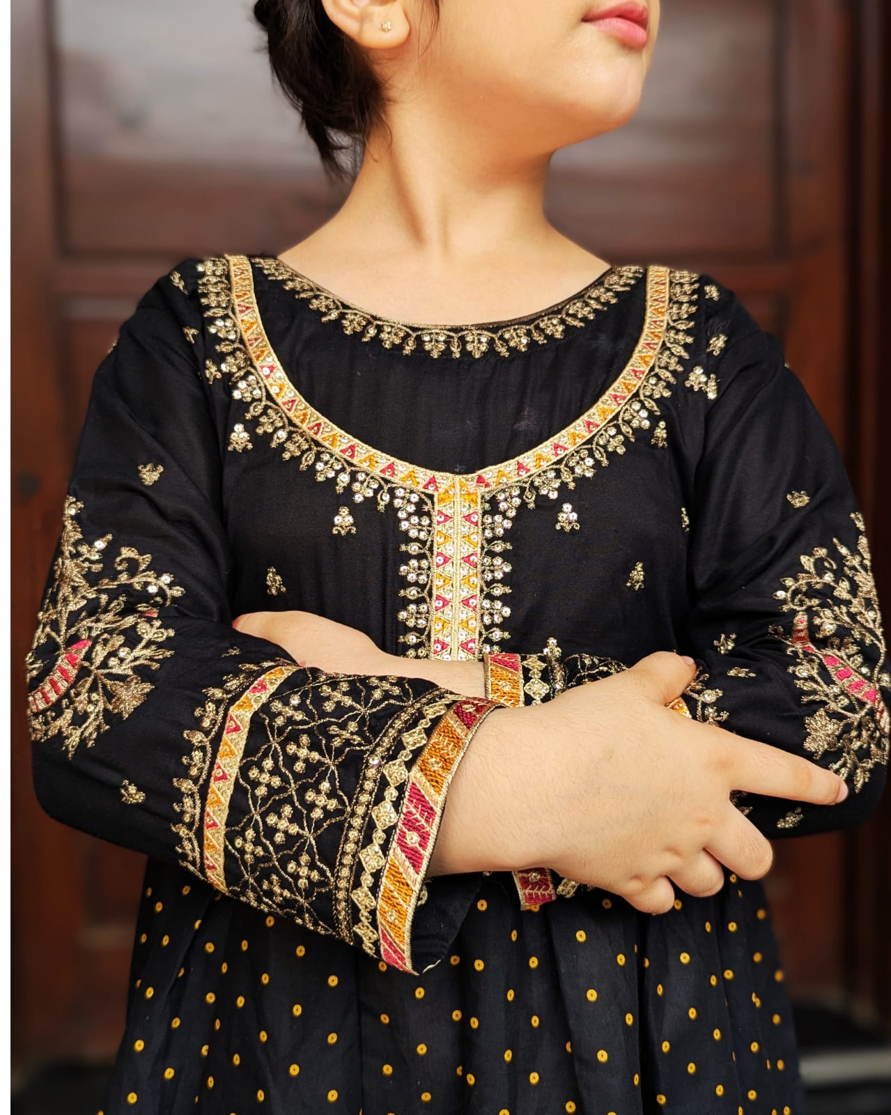 Girls Handmade Summer Kurta Set – Black with Golden & Multicolor Detailing