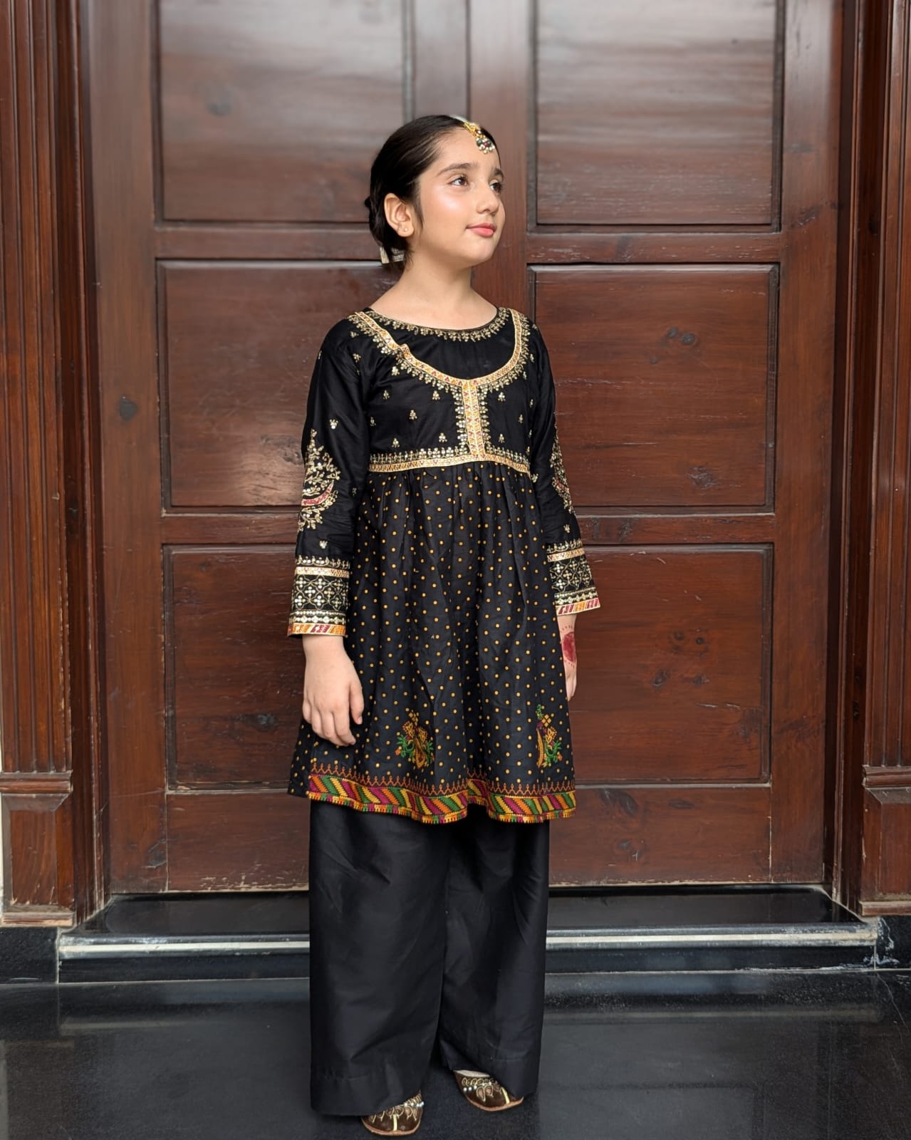 Girls Handmade Summer Kurta Set – Black with Golden & Multicolor Detailing