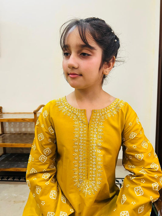 Girls Mustard Yellow Embroidered Kurta Set – Summer Collection