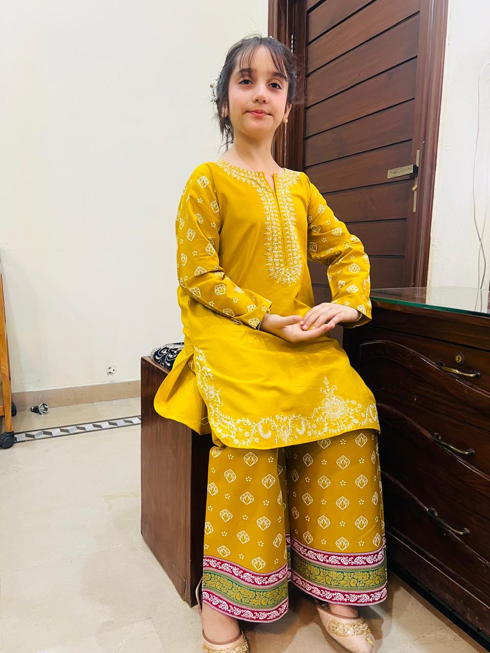Girls Mustard Yellow Embroidered Kurta Set – Summer Collection