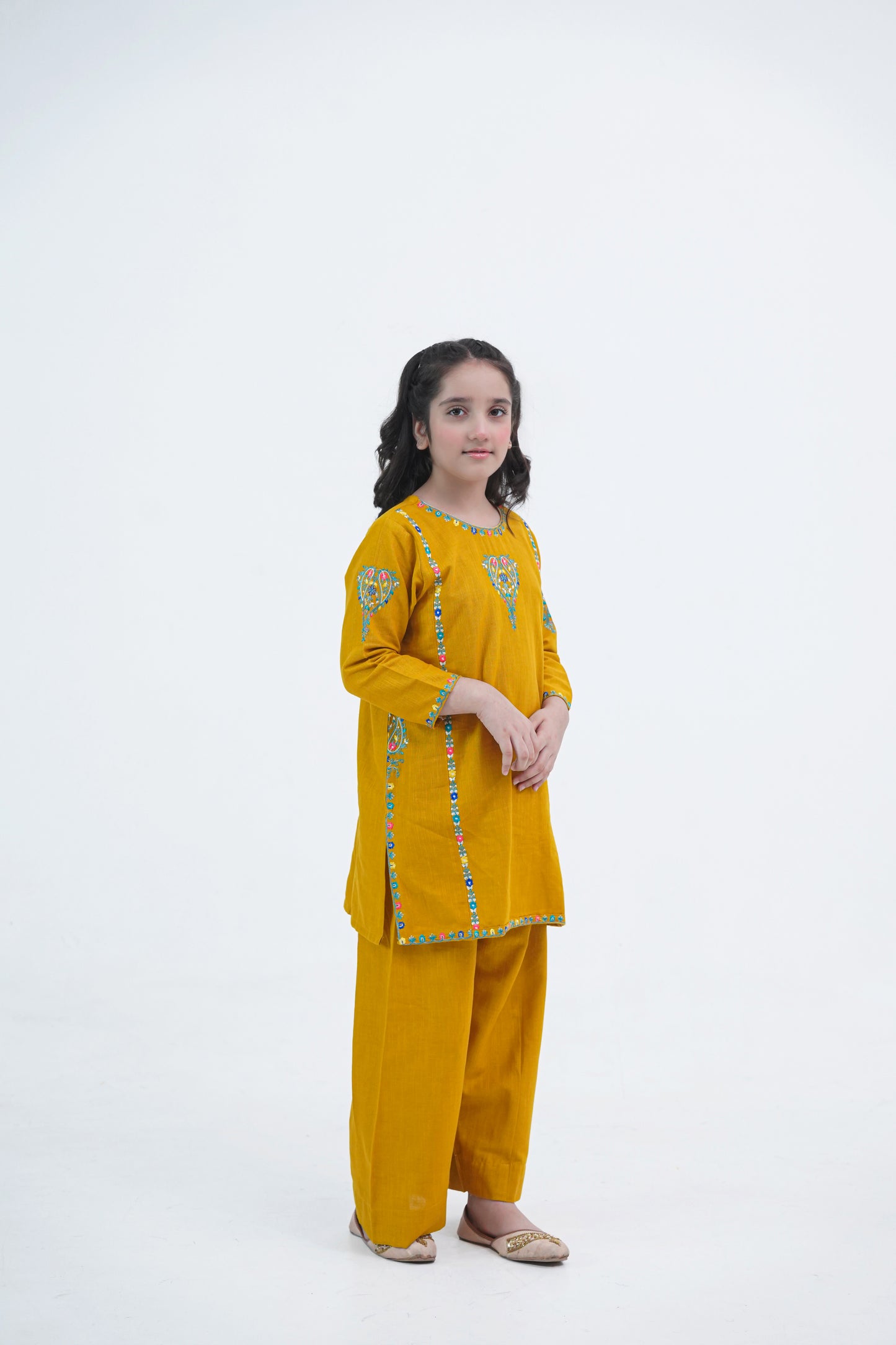 Girls Mustard Yellow Embroidered Winter Kurta Trouser Set
