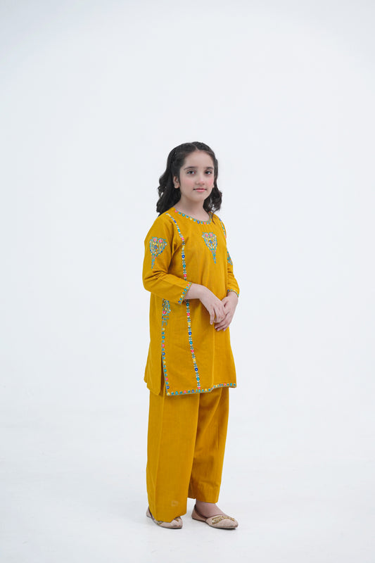 Girls Mustard Yellow Embroidered Winter Kurta Trouser Set