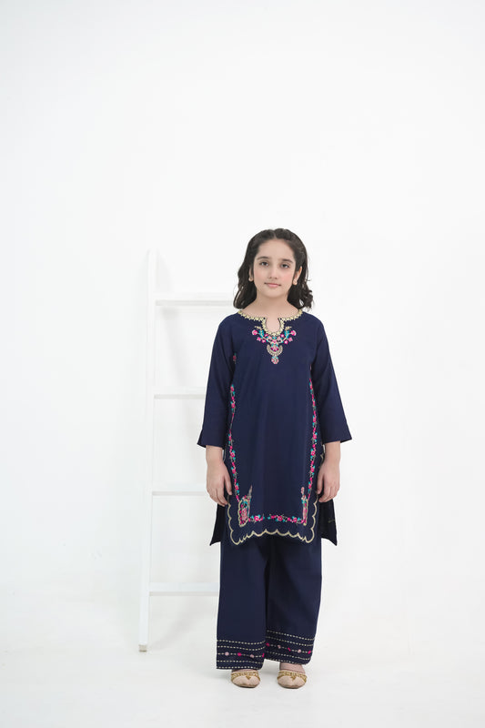Girls Navy Blue Embroidered Winter Kurta Trouser Set