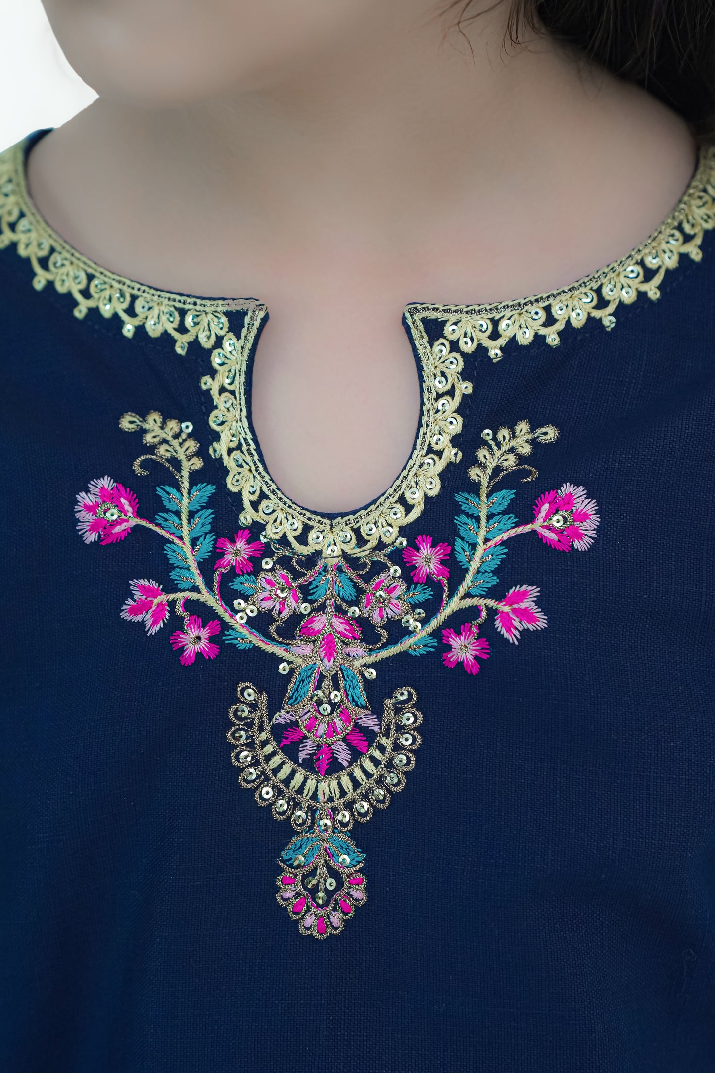 Girls Navy Blue Embroidered Winter Kurta Trouser Set