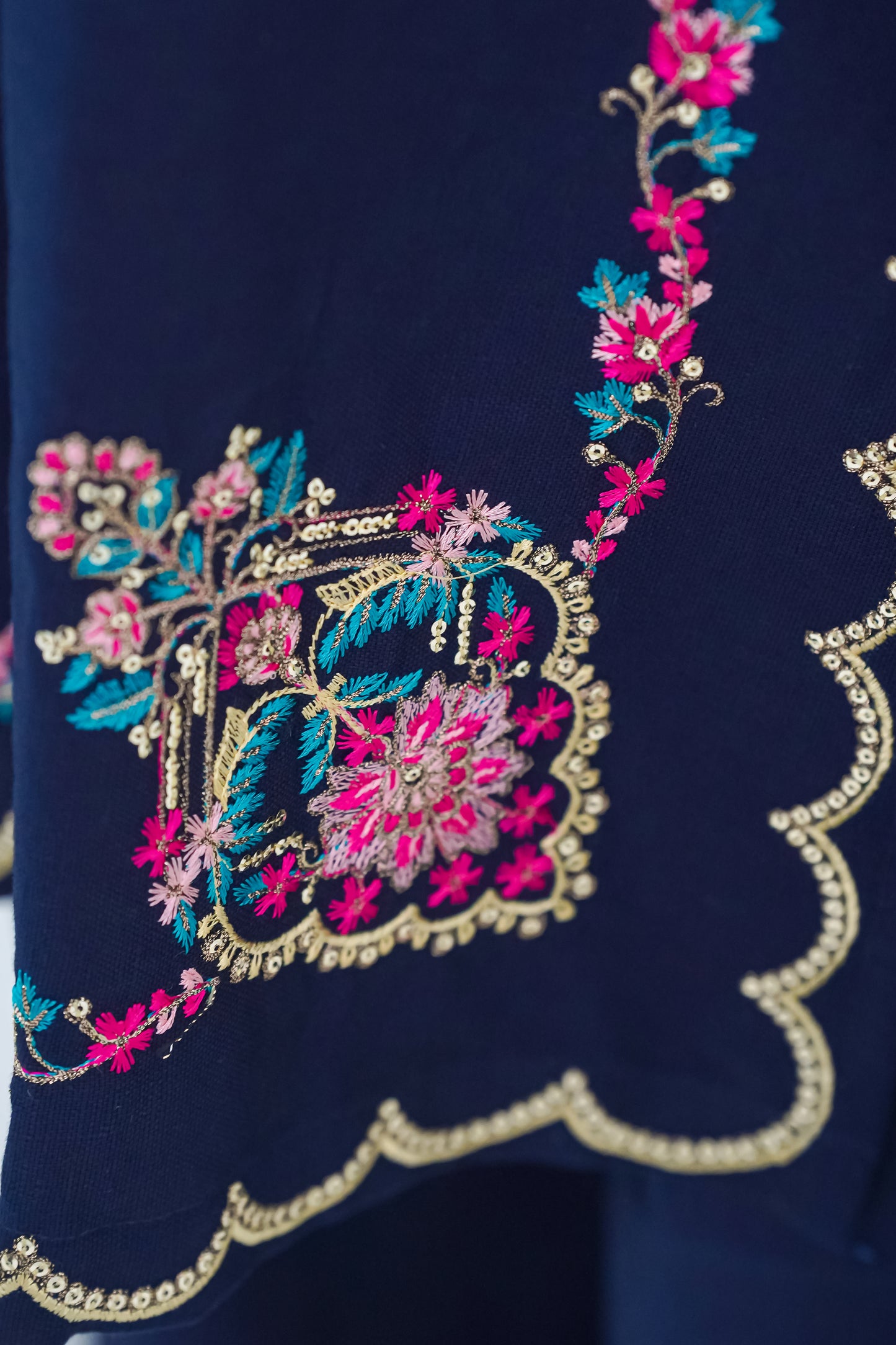 Girls Navy Blue Embroidered Winter Kurta Trouser Set