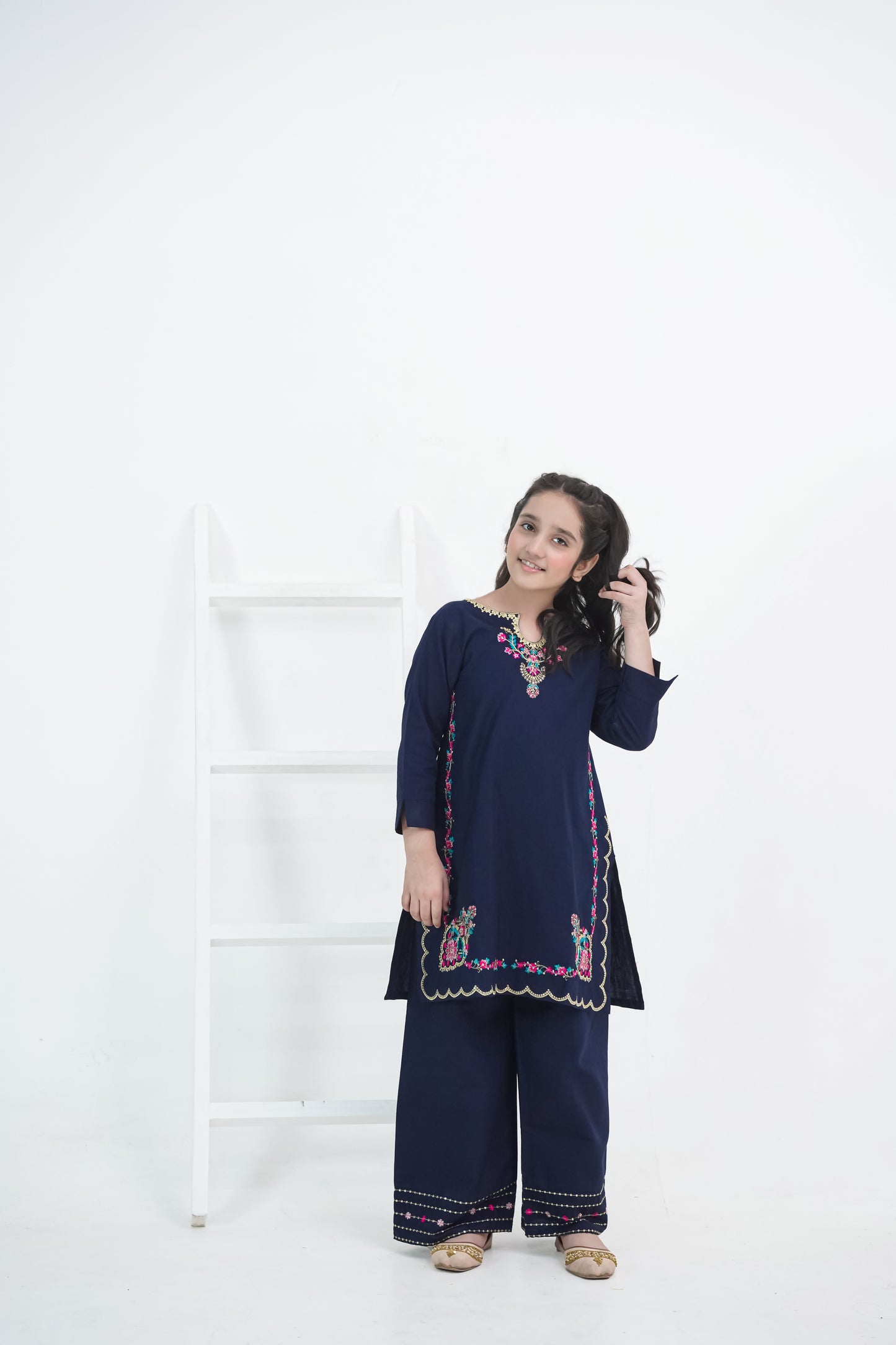 Girls Navy Blue Embroidered Winter Kurta Trouser Set