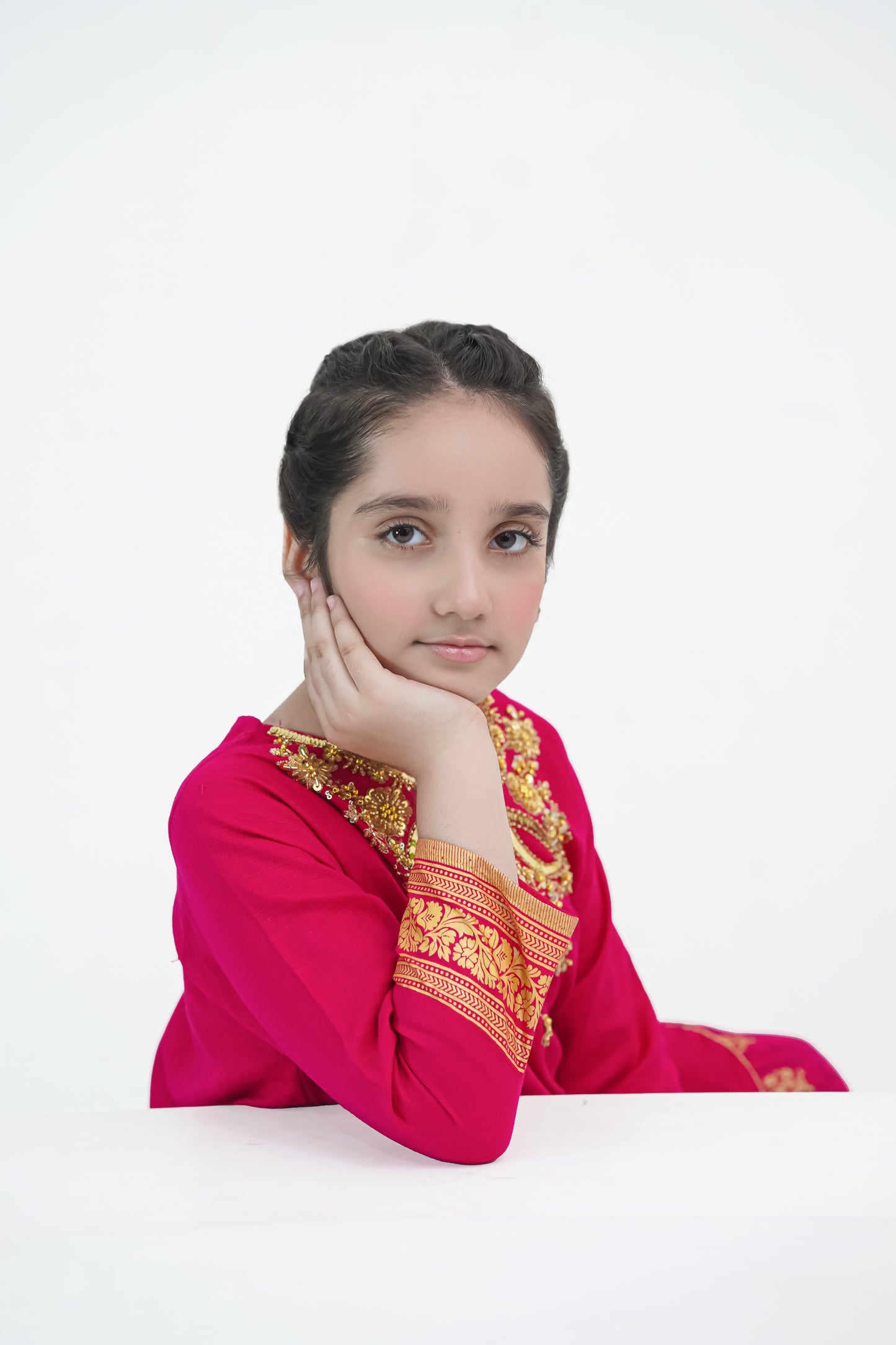 Girls Handmade Winter Kurta Set – Magenta with Golden Embroidery