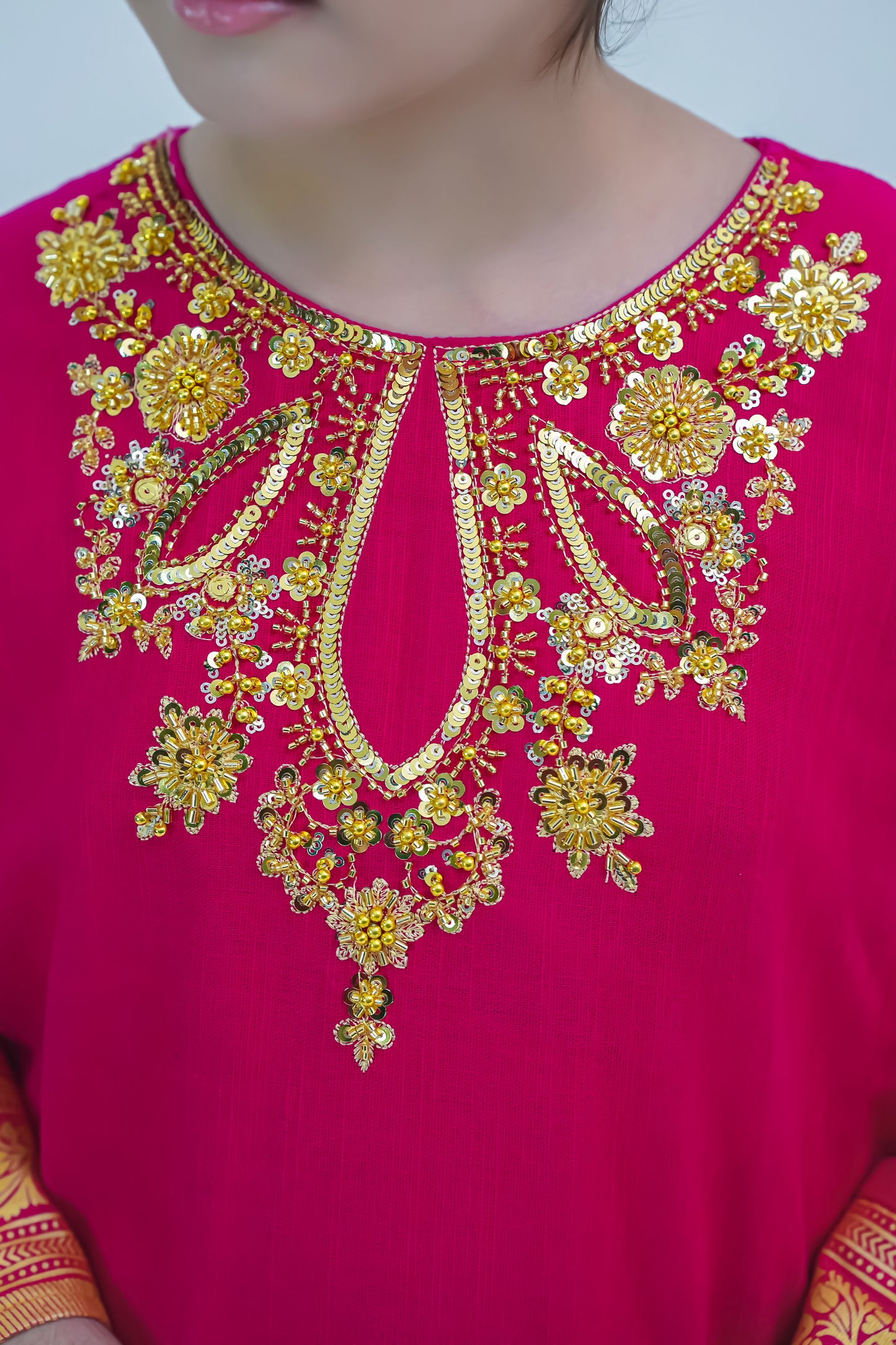 Girls Handmade Winter Kurta Set – Magenta with Golden Embroidery