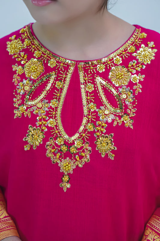 Girls Handmade Winter Kurta Set – Magenta with Golden Embroidery
