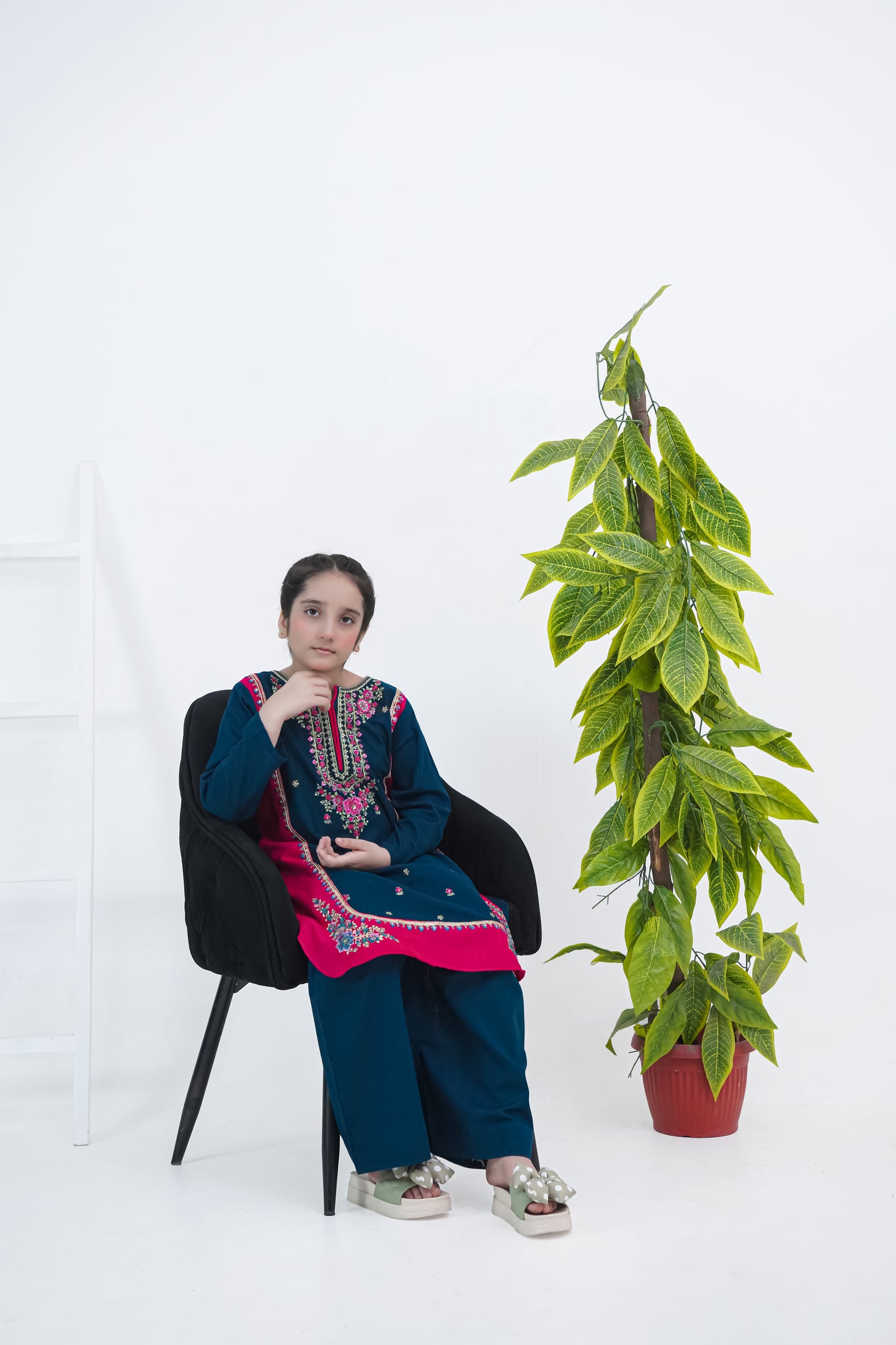 Girls Embroidered Winter Kurta Set – Navy Blue with Pink Contrast