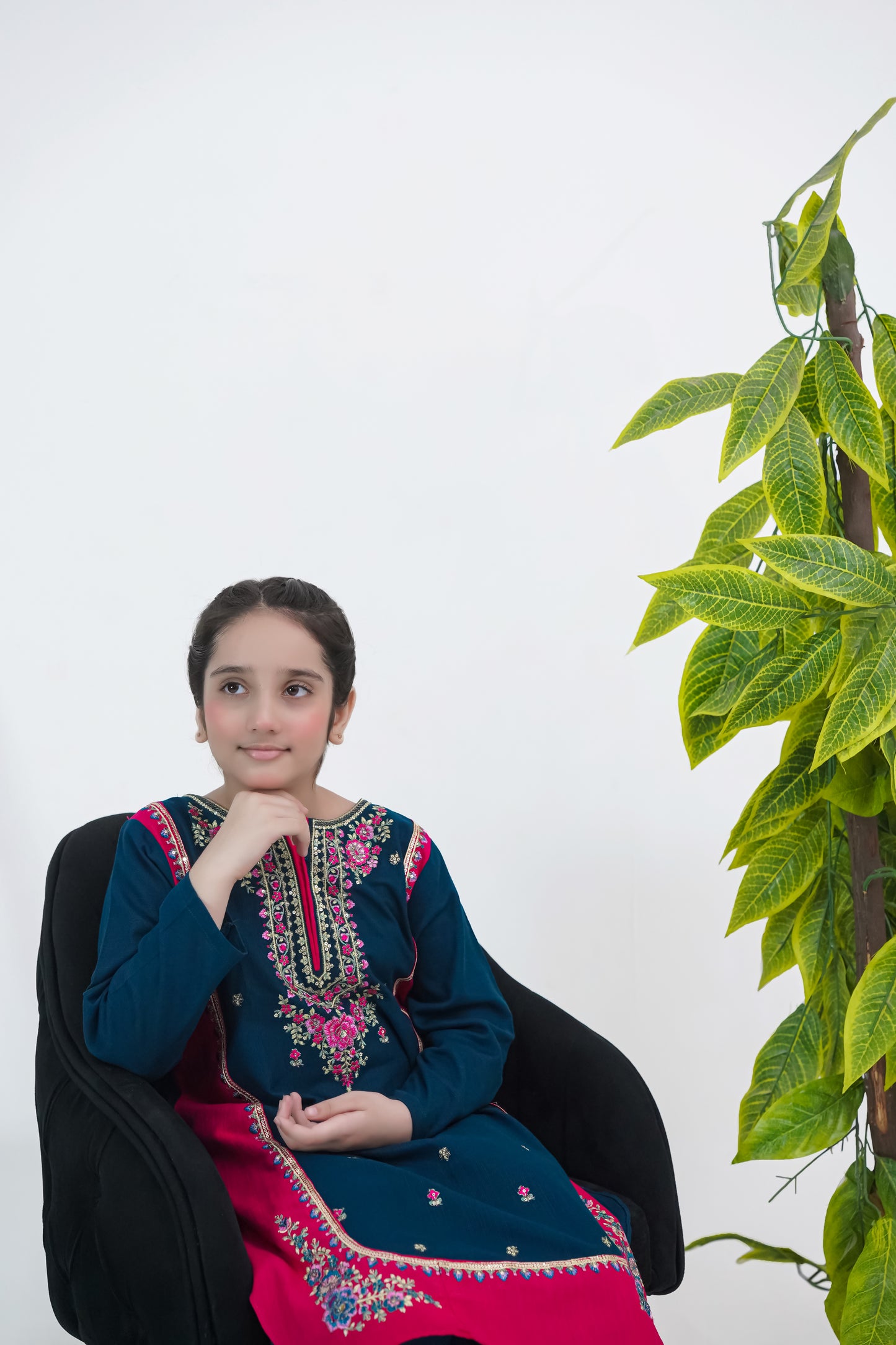 Girls Embroidered Winter Kurta Set – Navy Blue with Pink Contrast