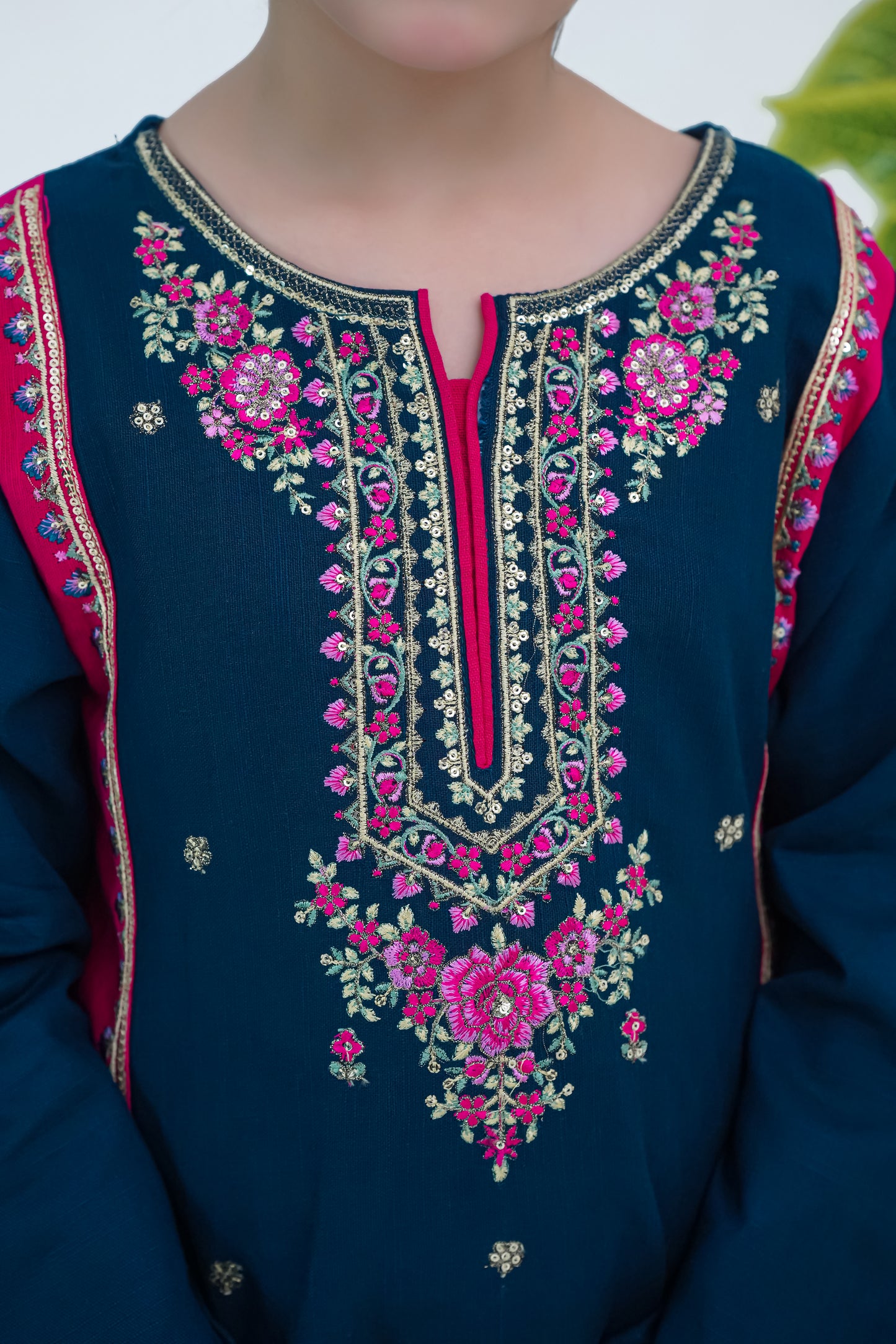 Girls Embroidered Winter Kurta Set – Navy Blue with Pink Contrast