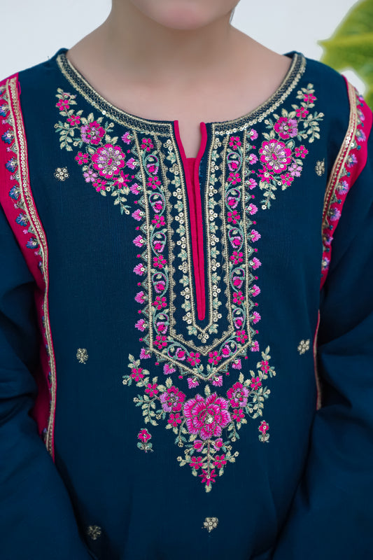 Girls Embroidered Winter Kurta Set – Navy Blue with Pink Contrast