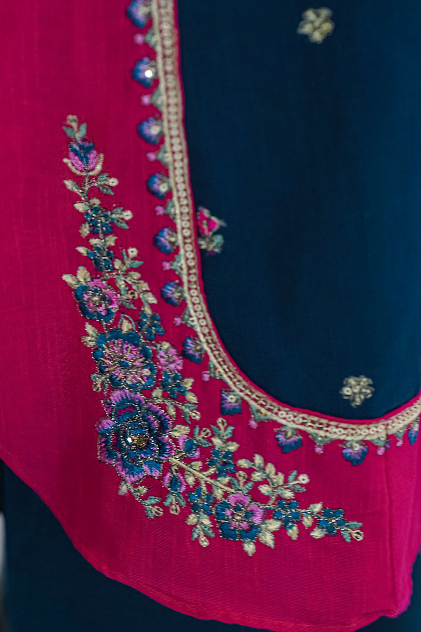 Girls Embroidered Winter Kurta Set – Navy Blue with Pink Contrast