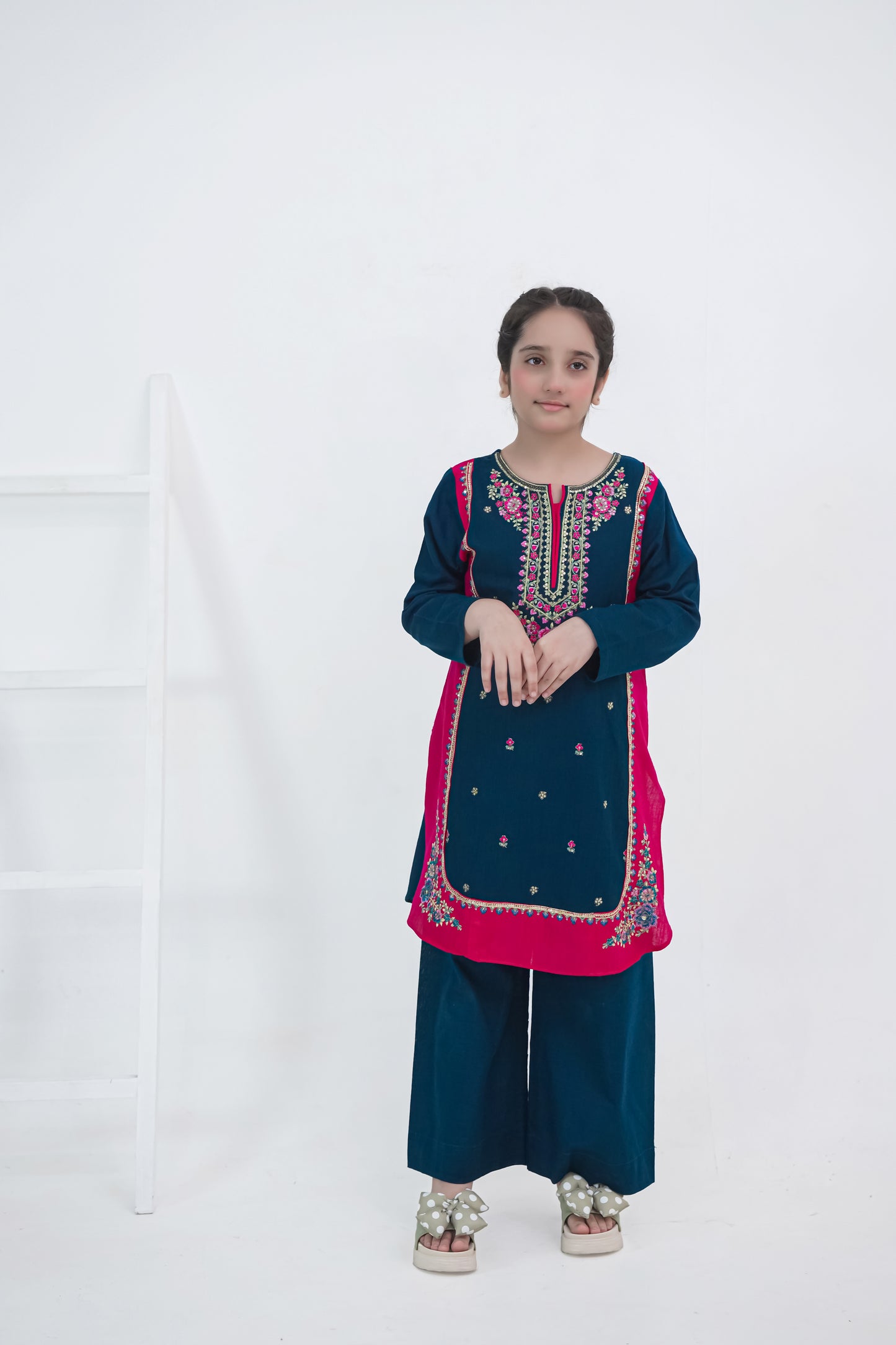 Girls Embroidered Winter Kurta Set – Navy Blue with Pink Contrast