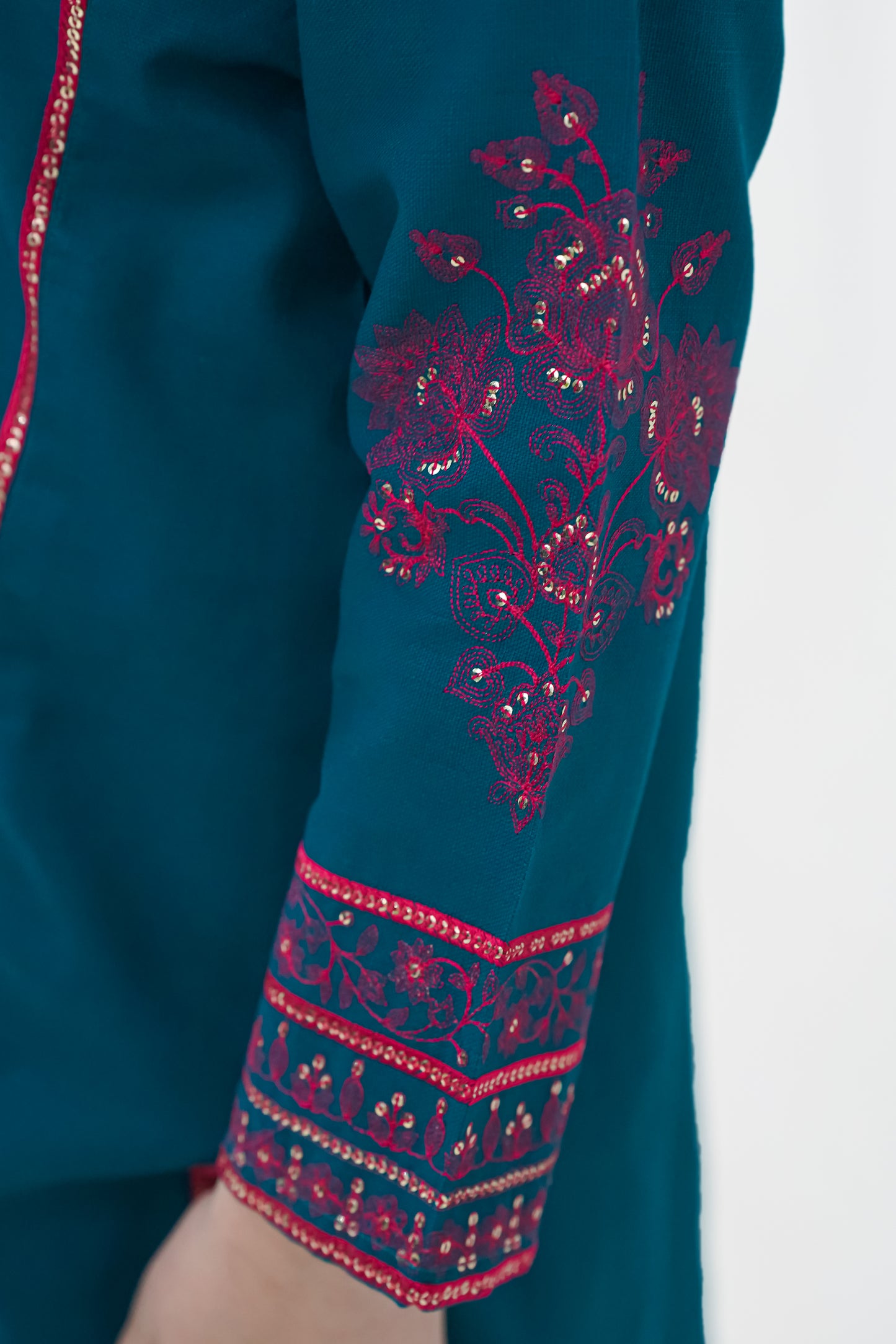 Girls Embroidered Winter Kurta Set – Teal with Pink Detailing