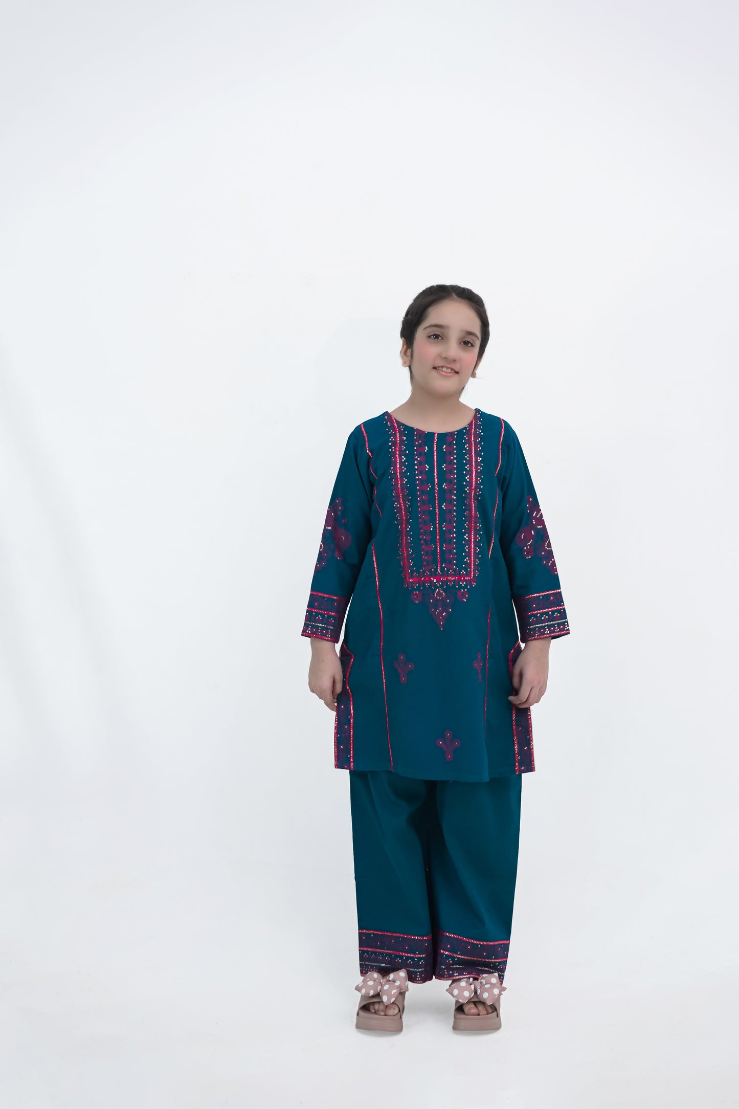 Girls Embroidered Winter Kurta Set – Teal with Pink Detailing
