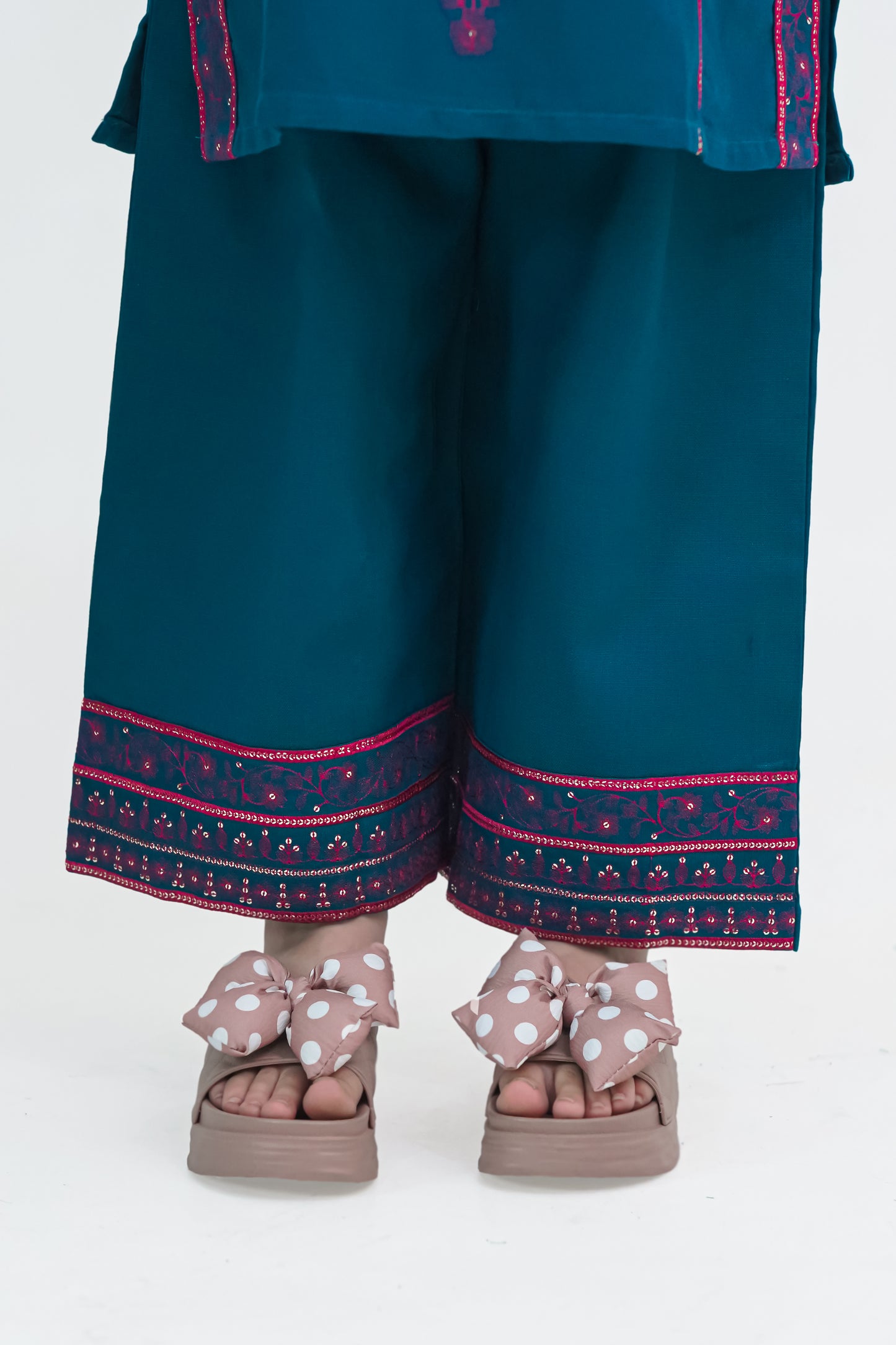 Girls Embroidered Winter Kurta Set – Teal with Pink Detailing
